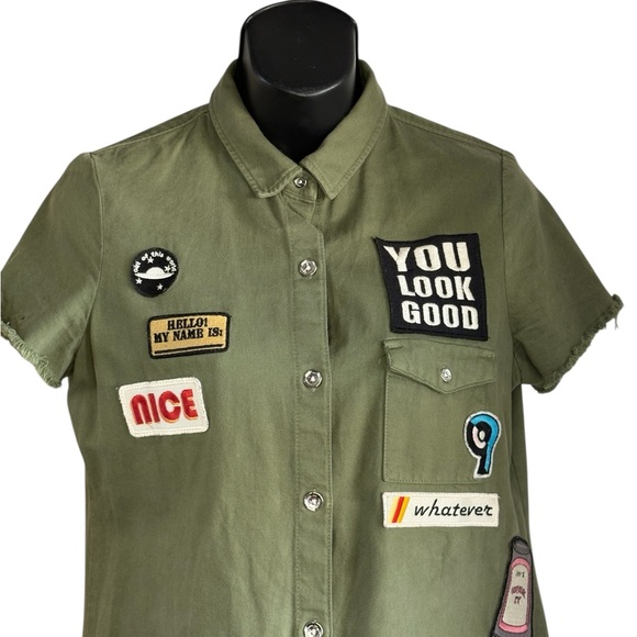 Zara Olive Army Green Frayed Patch
Work shirt button down mini Dress Sz M - Picture 7 of 16